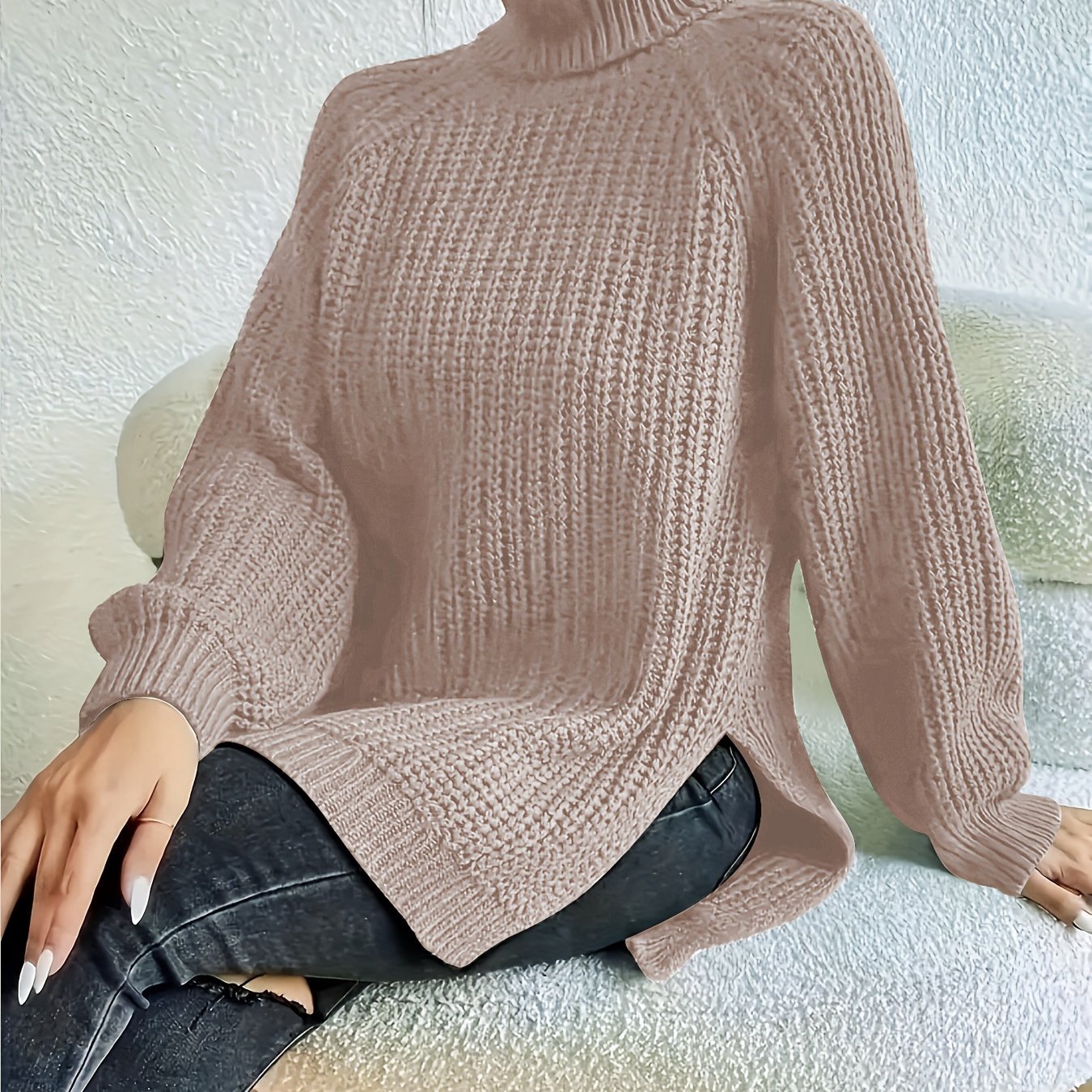 Suéter de cuello alto de color sólido para mujer talla grande con manga raglán para otoño e invierno