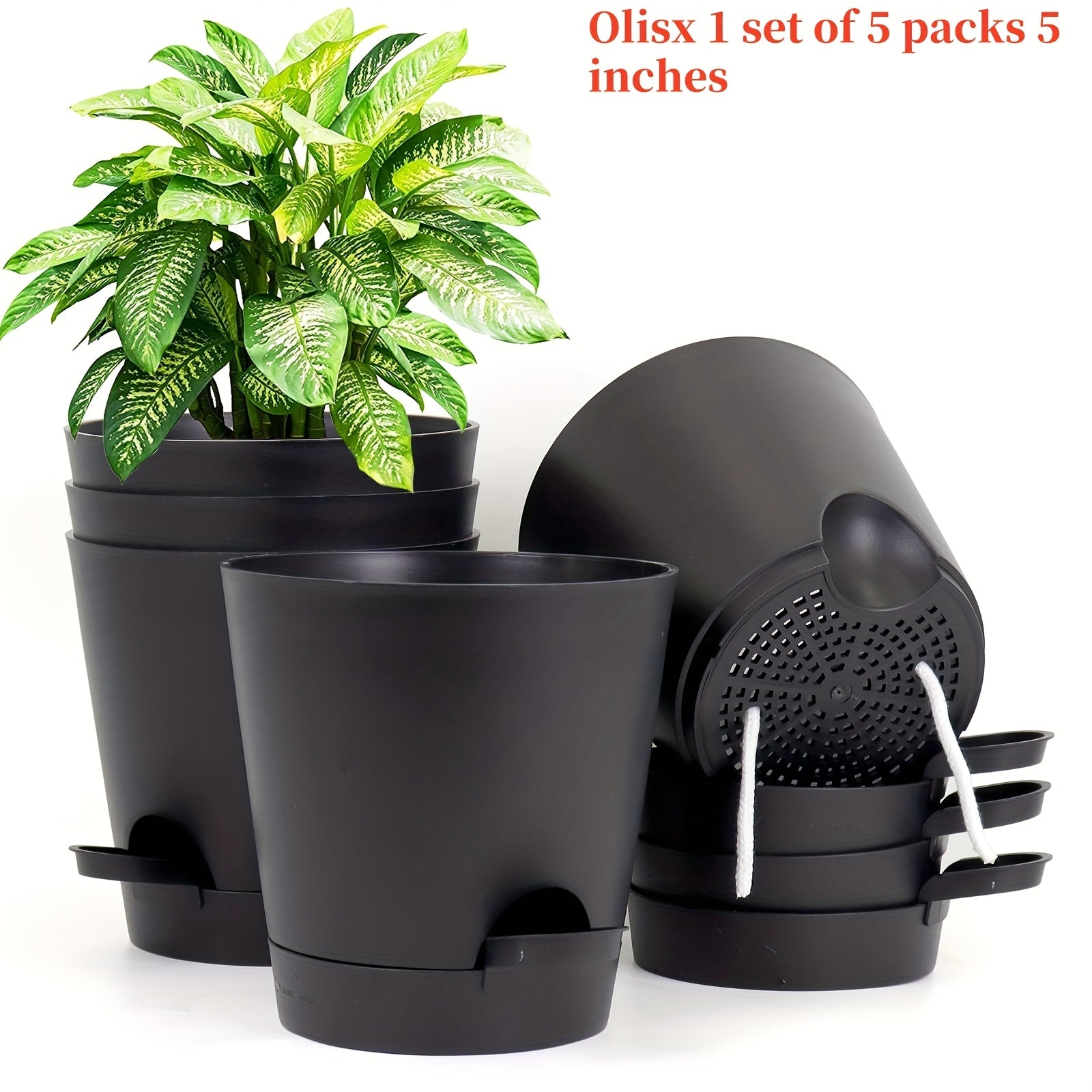 Set of 5 5-Inch Plastic Self-Watering Flower Pots with Drainage Holes and Trays for Indoor Outdoor Gardens