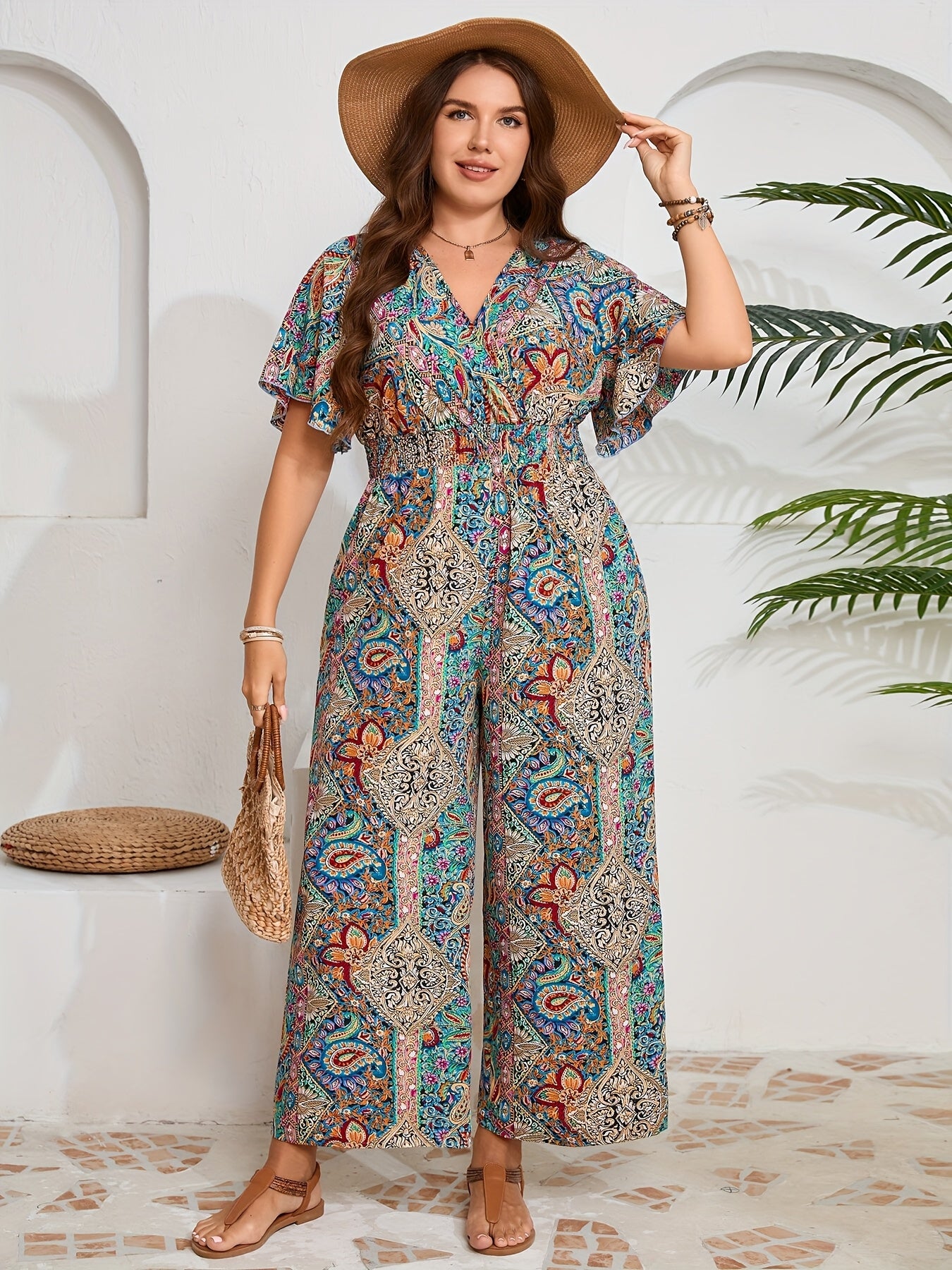 Plus Size Elegant V-Neck Cushion Woven Fabric Spring Summer Jumpsuit