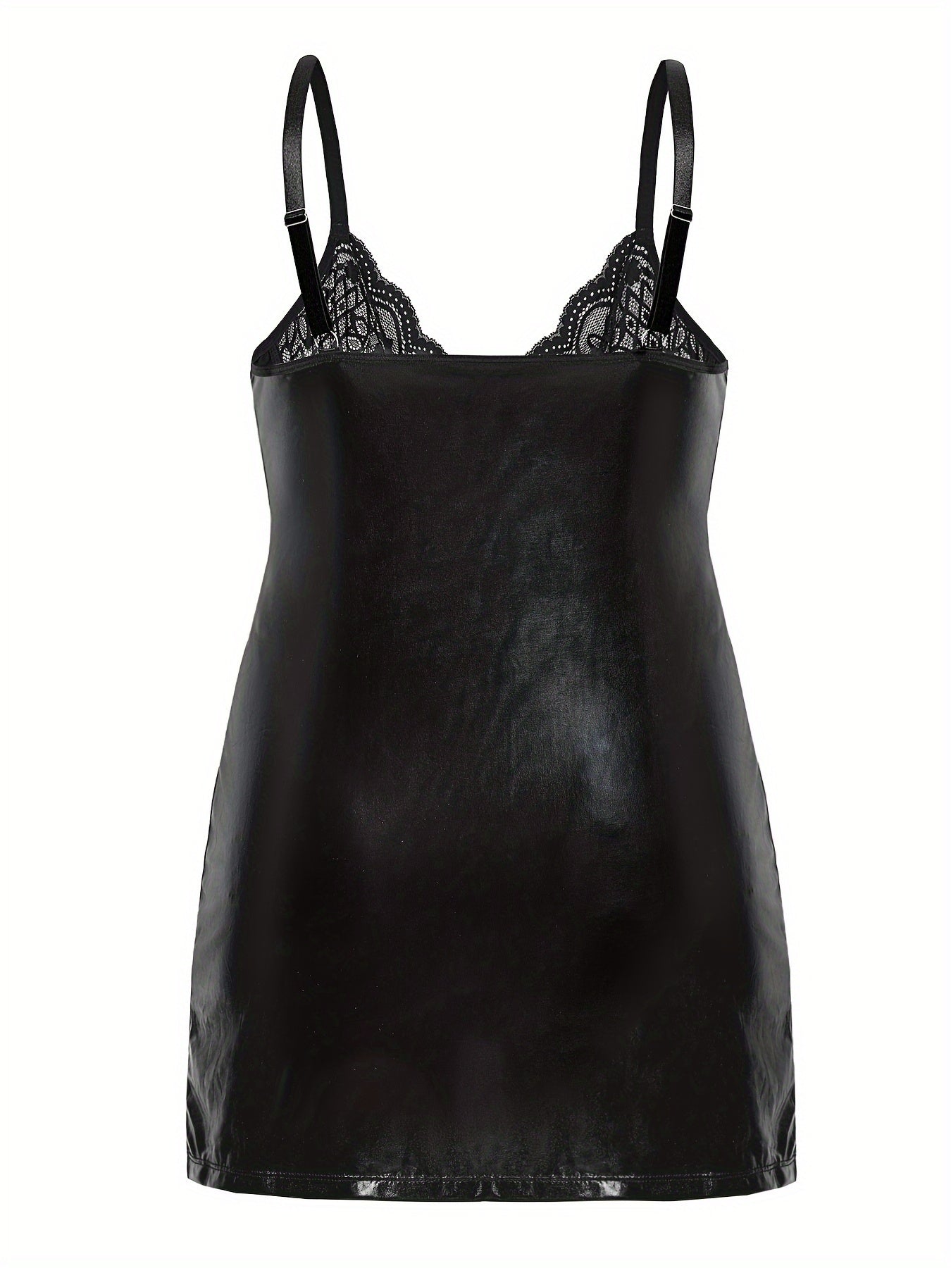 Women's Lace-Trimmed PU Slip Dress and Thong Set Semi-Sheer Stretchy Polyester