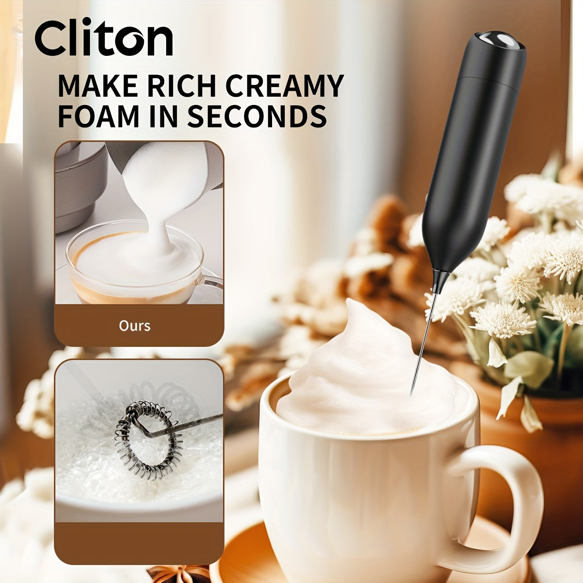 Electric Milk Frother Handheld Stainless Steel Stand Battery Powered For Coffee Latte