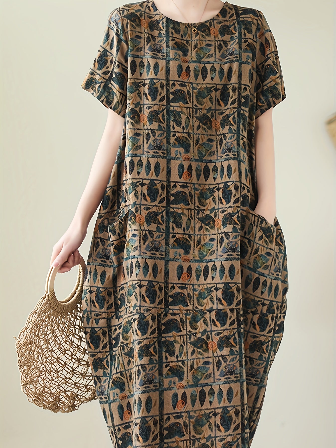 Vestido de lino para adultos de manga corta con estampado de primavera y verano y bolsillos