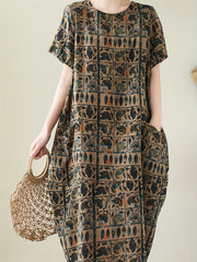 Vestido de lino para adultos de manga corta con estampado de primavera y verano y bolsillos