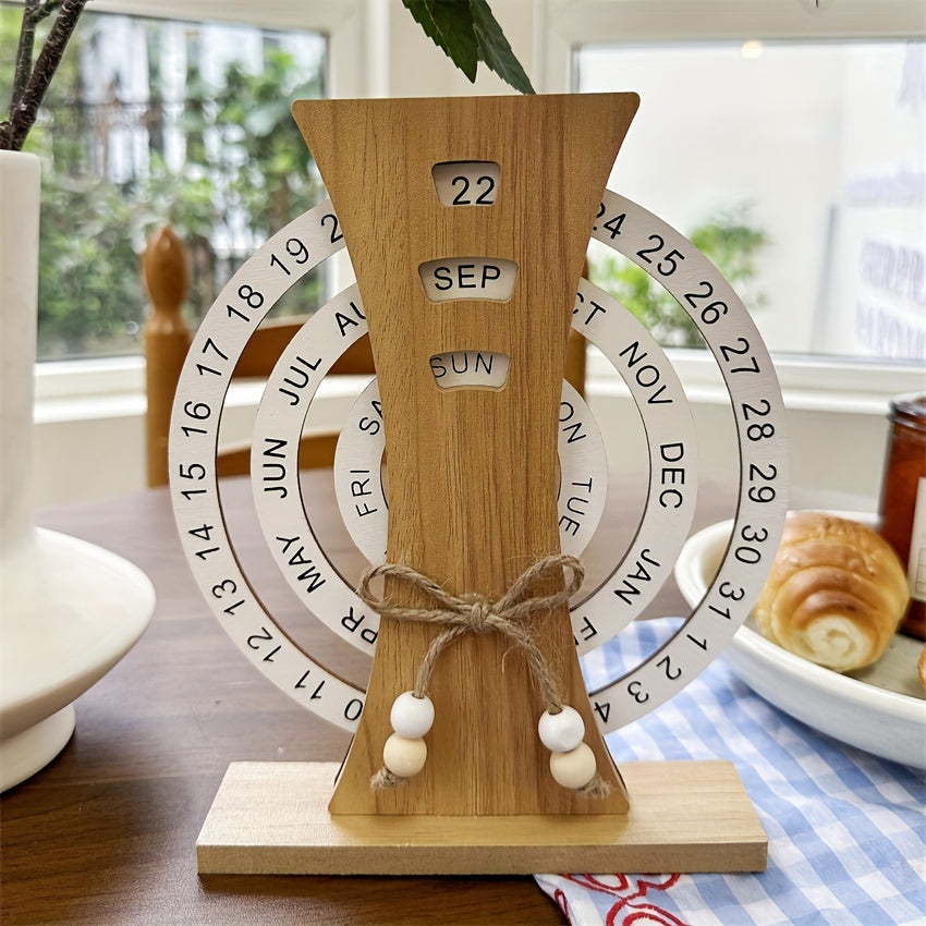 Handcrafted Wooden Perpetual Desk Calendar with Moon Ferris Wheel Design Weekly Monthly View