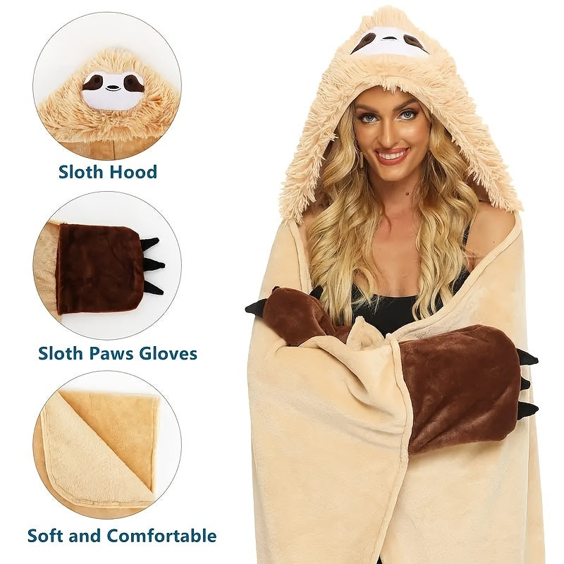 Women’s Soft Fluffy Hooded Sloth Wearable Blanket with Pockets 149x130 cm