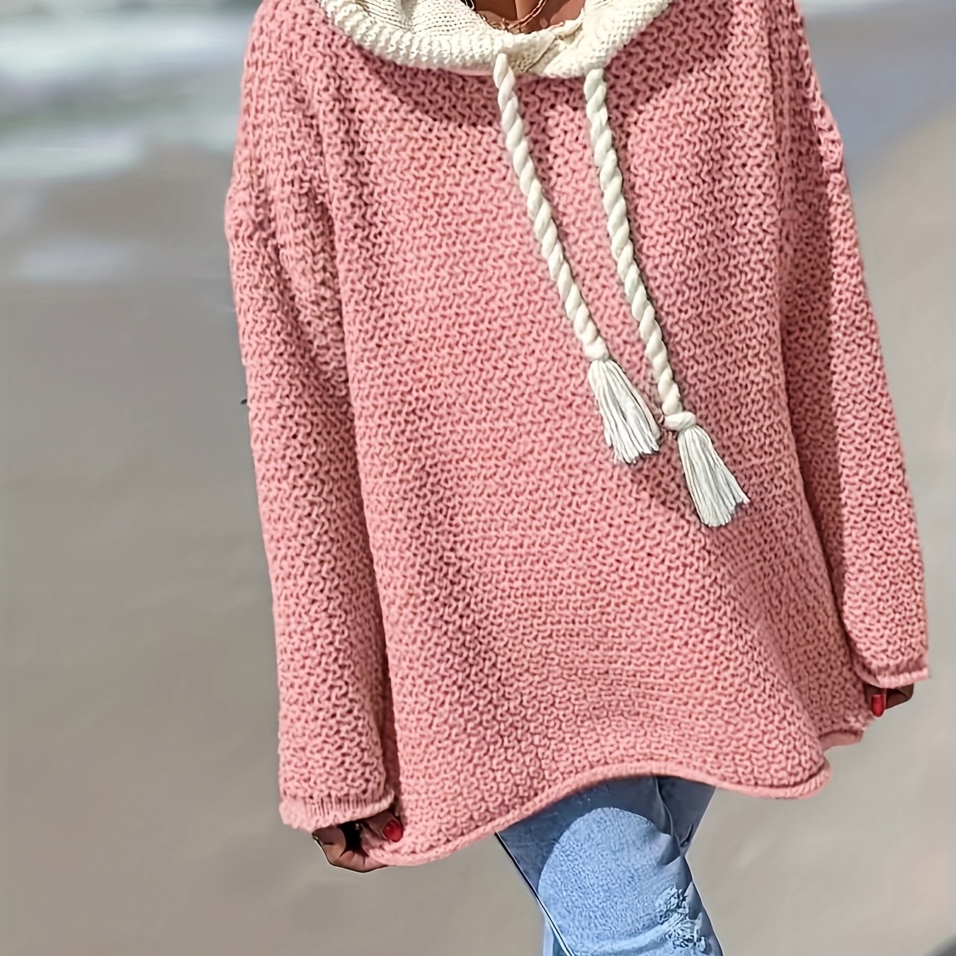 Plus Size Women's Beige Hooded Sweater with Tassel Detail Long Sleeve Pullover for Fall Winter