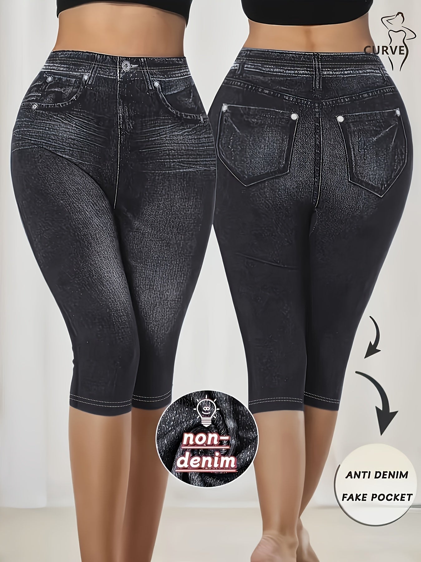 Plus Size Faux Denim Print Skinny Capri Pants for Women Spring Summer Fall