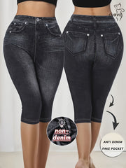 Plus Size Faux Denim Print Skinny Capri Pants for Women Spring Summer Fall