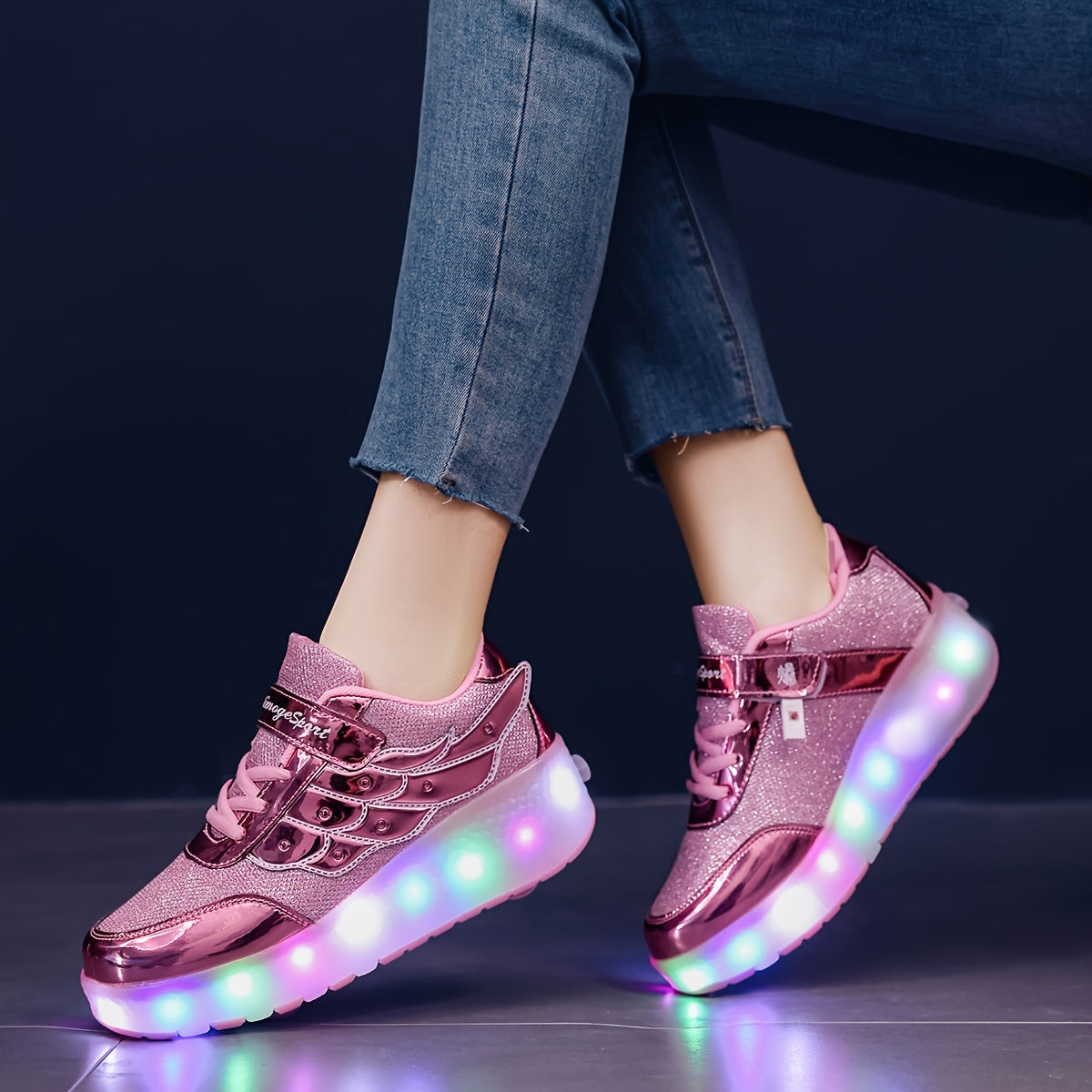 Pink Glitter LED Roller Skates for Girls and Boys with Mesh Upper and Sequins
