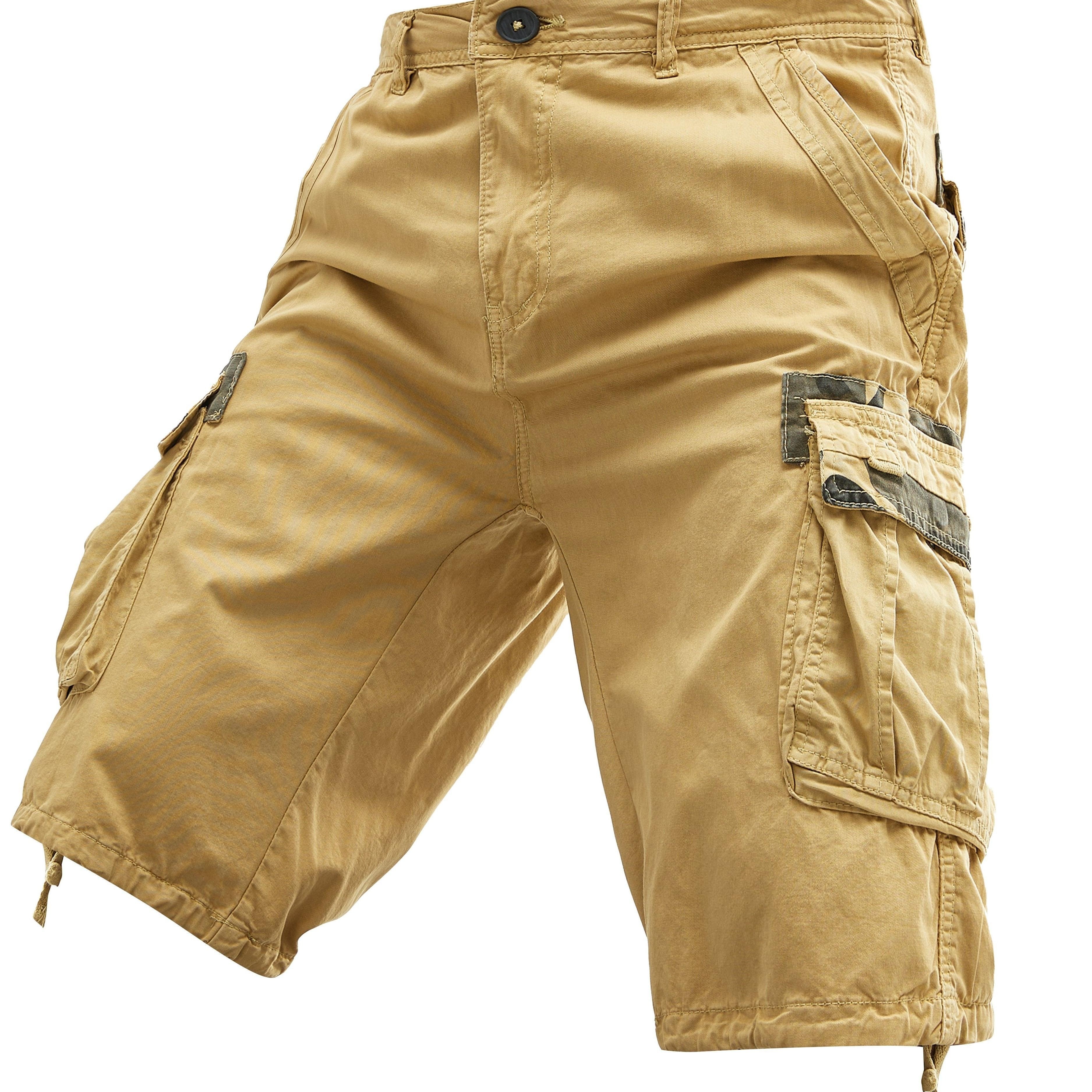 Erkaklar uchun ortiqcha kattalikdagi paxta yuk shortlari, cho'zilmaydigan, bir nechta cho'ntaklar, bir rangda, keng kesimda va to'qilgan mato.