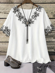 Plus Size Women's Lightweight V-Neck Blouse With Floral Embroidery