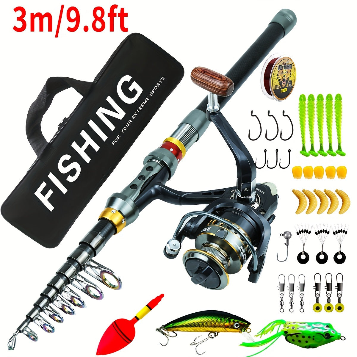 Telescopic Fishing Rod Combo Black 1.8-3.6m with Bait Hooks Lures Carrying Case