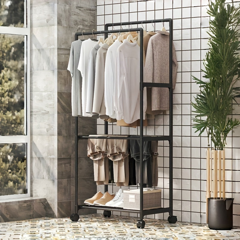 Perchero independiente con ruedas y estantes, altura de 147.98cm, organizador de ropa expandible