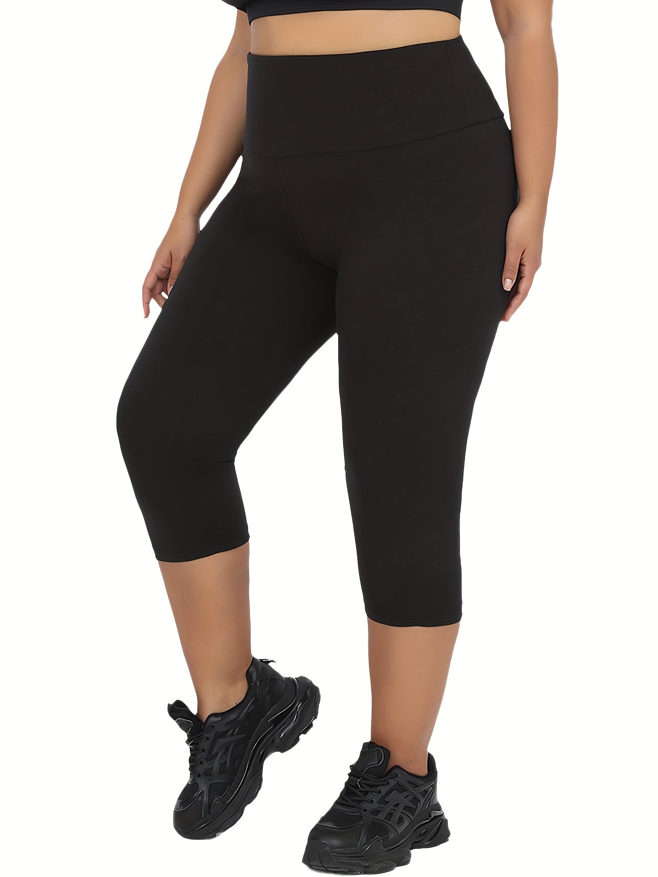 Plus Size Women's High Waisted Tummy Control Yoga Capris Black 3X Workout Leggings