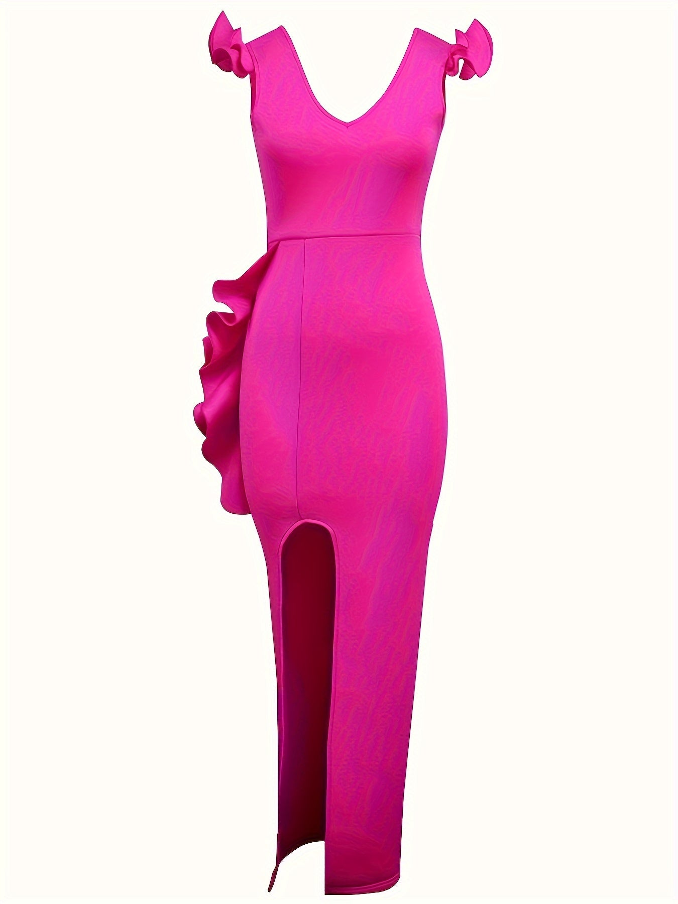 Women's Rose Red Evening Party Dress Deep V-Neck Slit Bodycon Gown