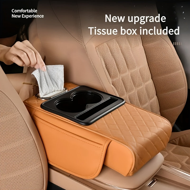 Multi-Color Car Armrest Cushion with Tissue Box and Cup Holder Faux Leather Storage