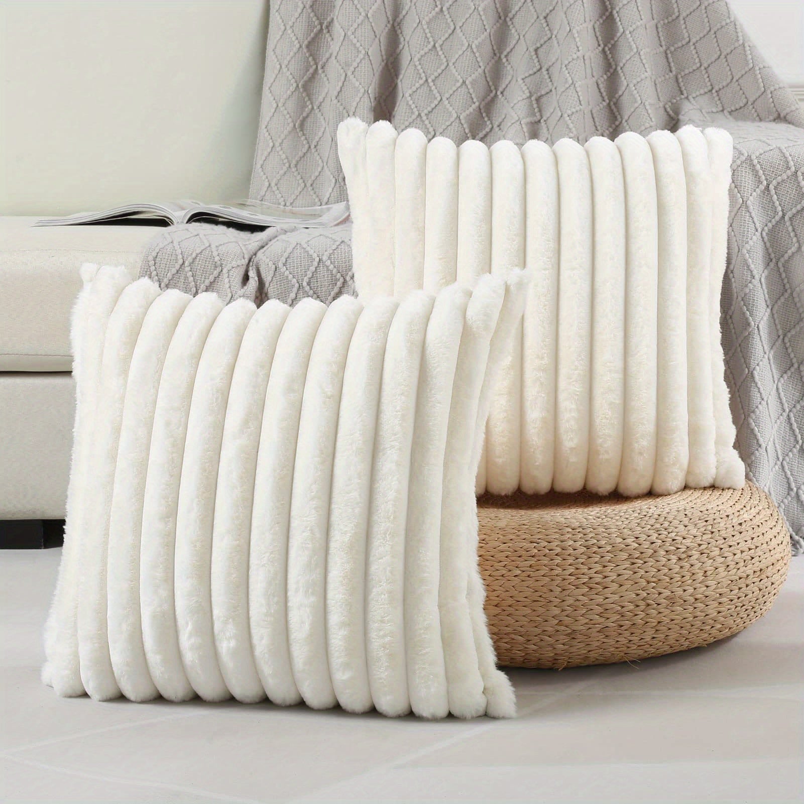 2 Pack Faux Fur Plush Decorative Throw Pillow Covers Cream White Striped for Sofa Couch Bedroom