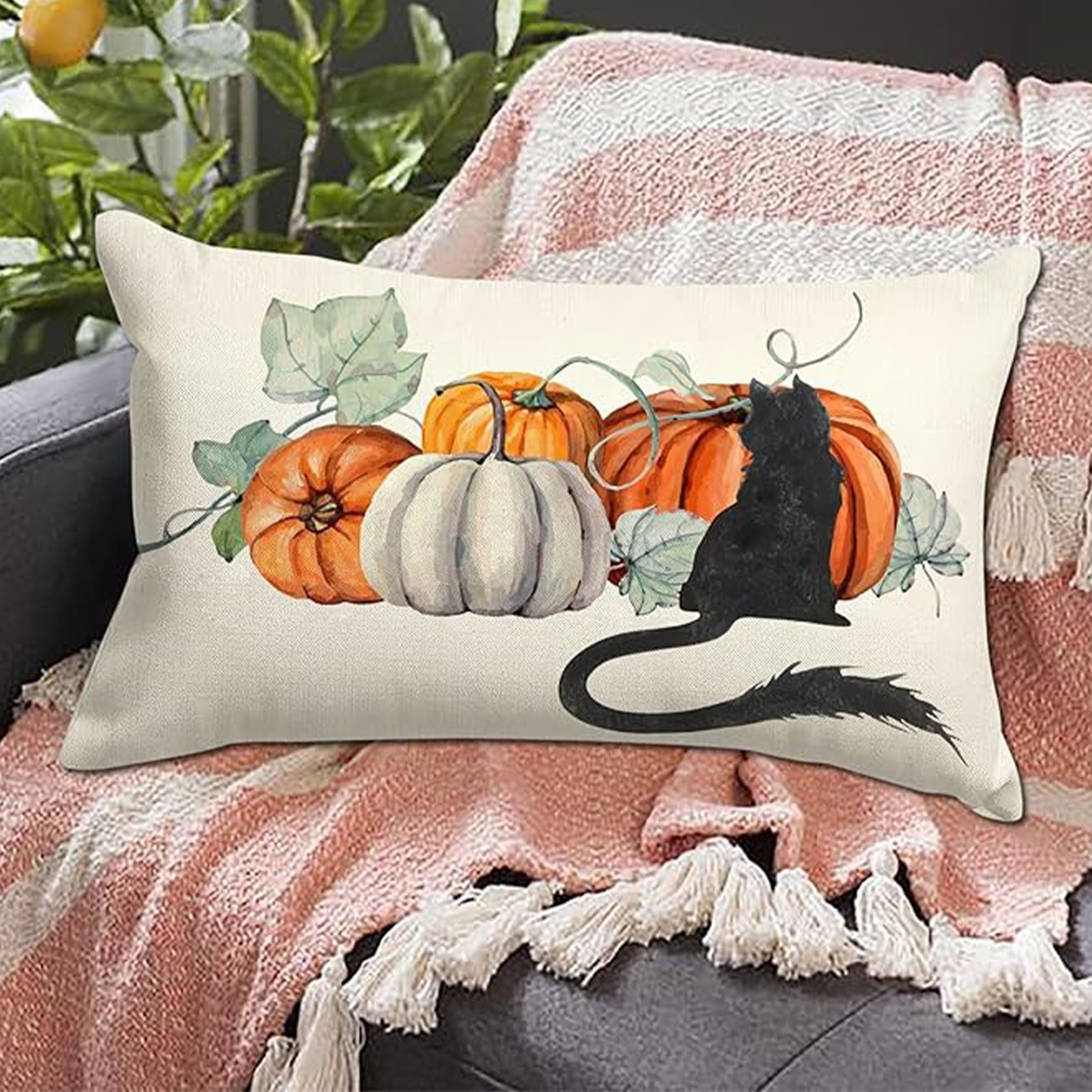 Kuz pufakchasining qopqog'i akvarel qovoq, qora mushuk, linin aralashmasi, 30x50 sm, uy bezaklari