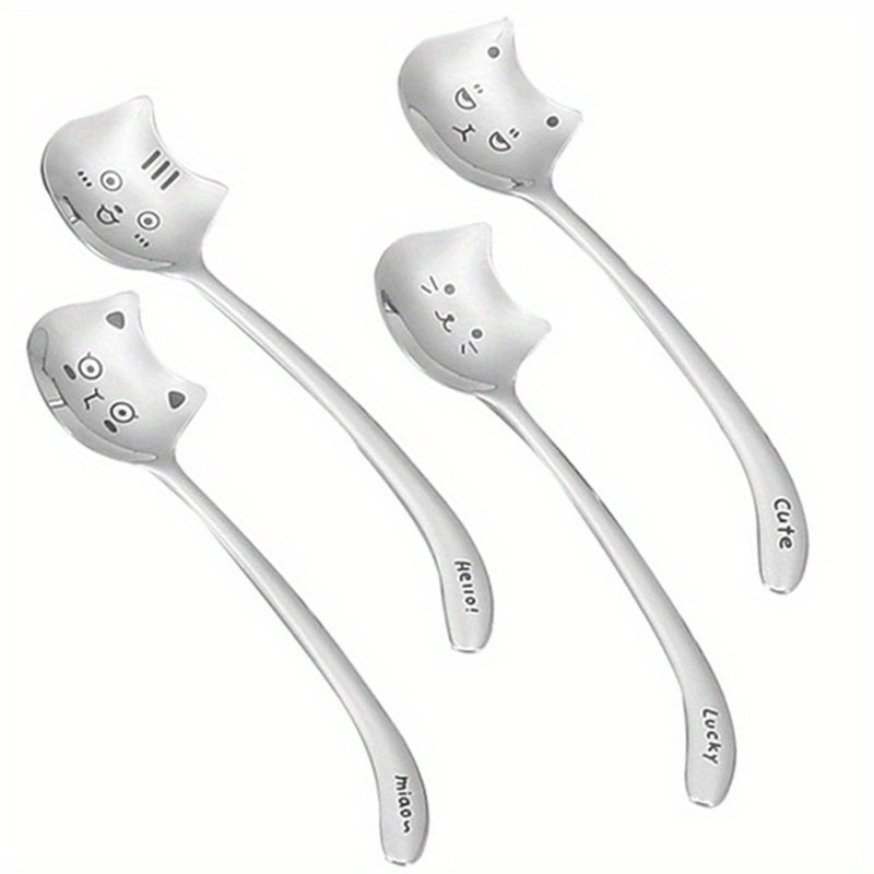 Set of 4 Long-Tail Cat Dessert Spoons Stainless Steel