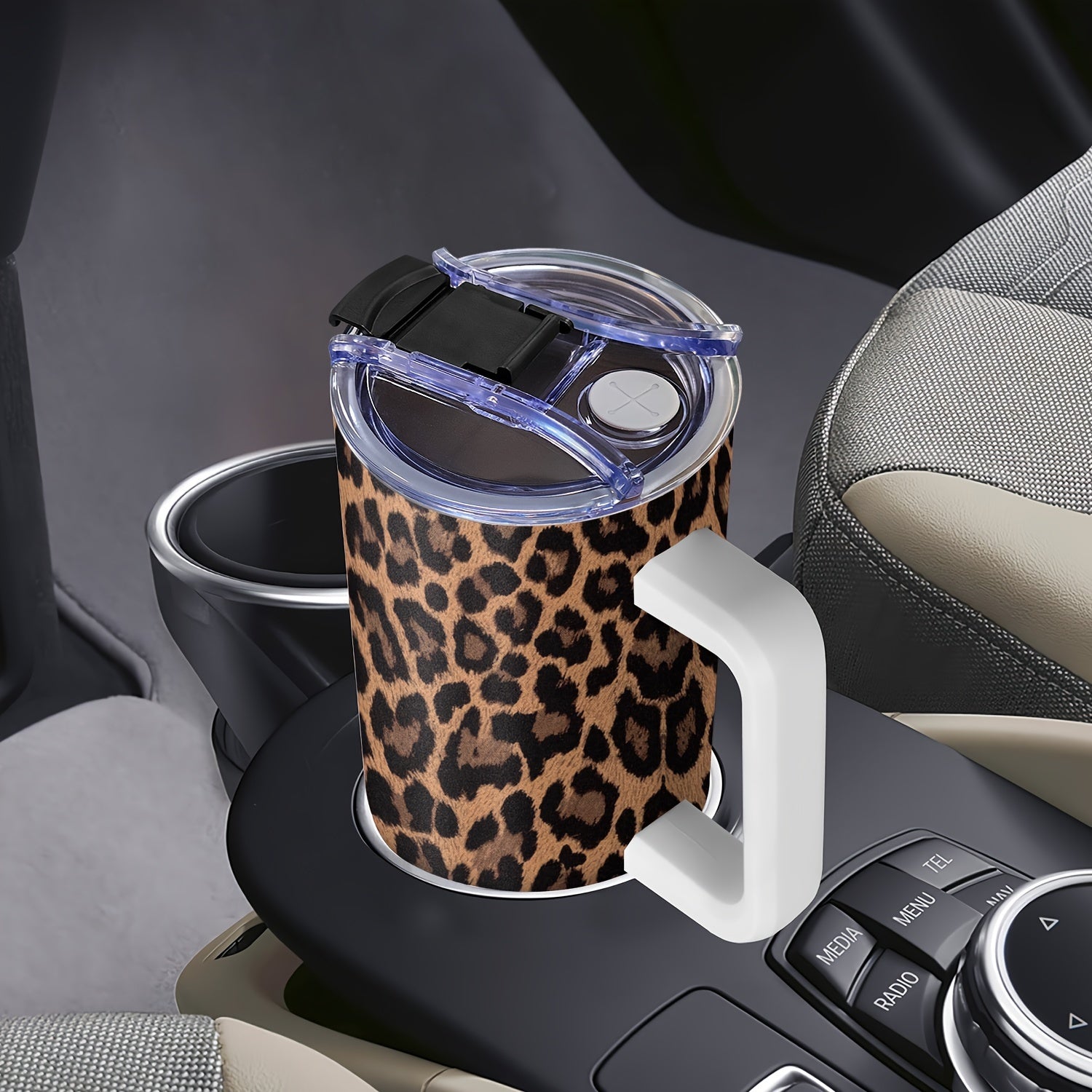 40oz Stainless Steel Tumbler with Handle and Lid Leopard Print Double Wall Vacuum Mug