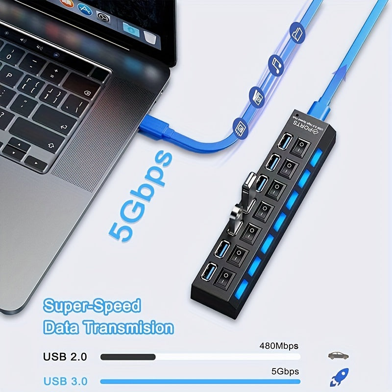 7-Port USB 3.0 Hub with LED Switch Fast Data Transfer Compatible with Laptops and PCs