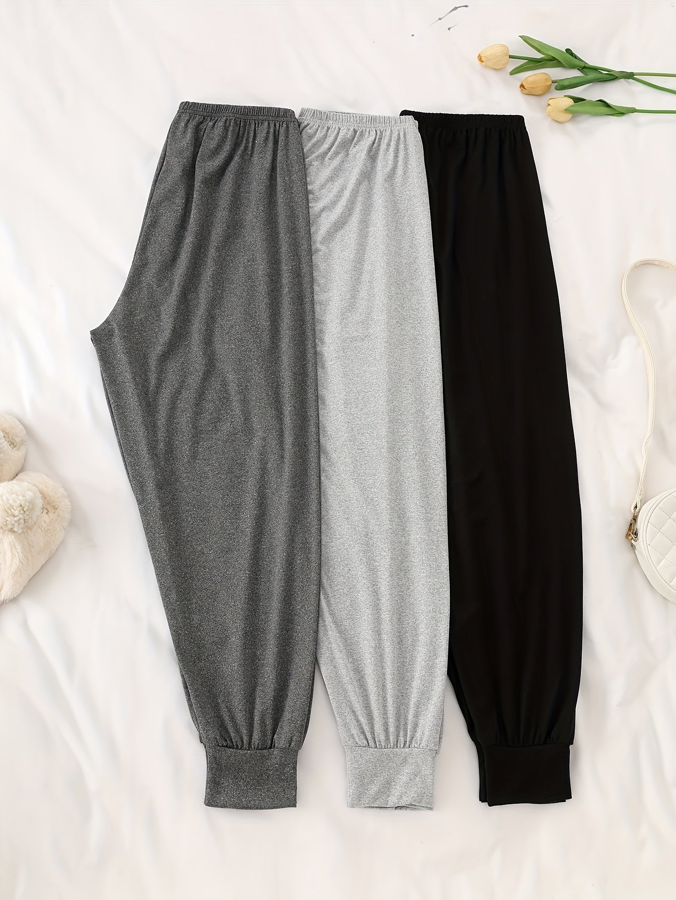 Женские однотонные брюки для сна 3 шт. из трикотажа из полиэстера и эластана, осень, повседневные