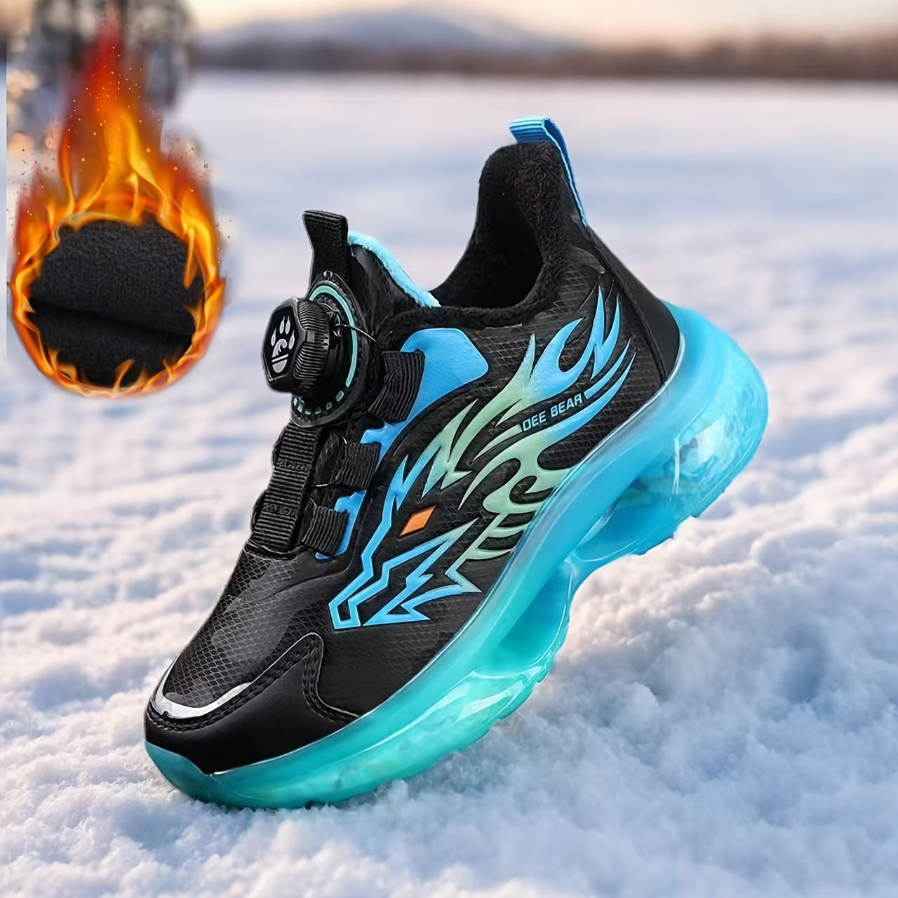 Boys Winter Athletic Sneakers Fleece Lined EVA Sole Flame Design