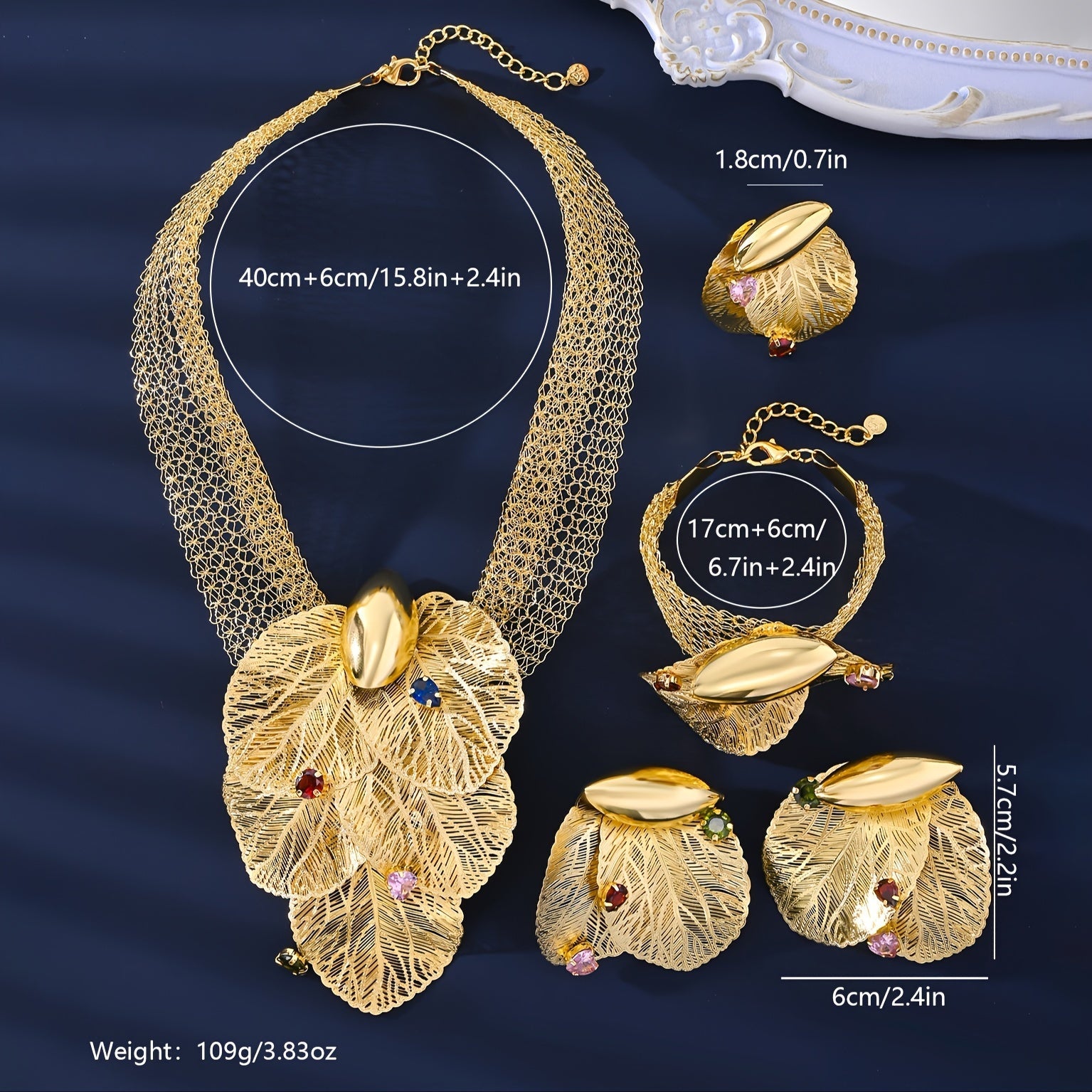 Vintage Arabian Jewelry Set 18K Gold Plated Leaf Necklace Earrings Bracelet Ring for Weddings Parties Mardi Gras