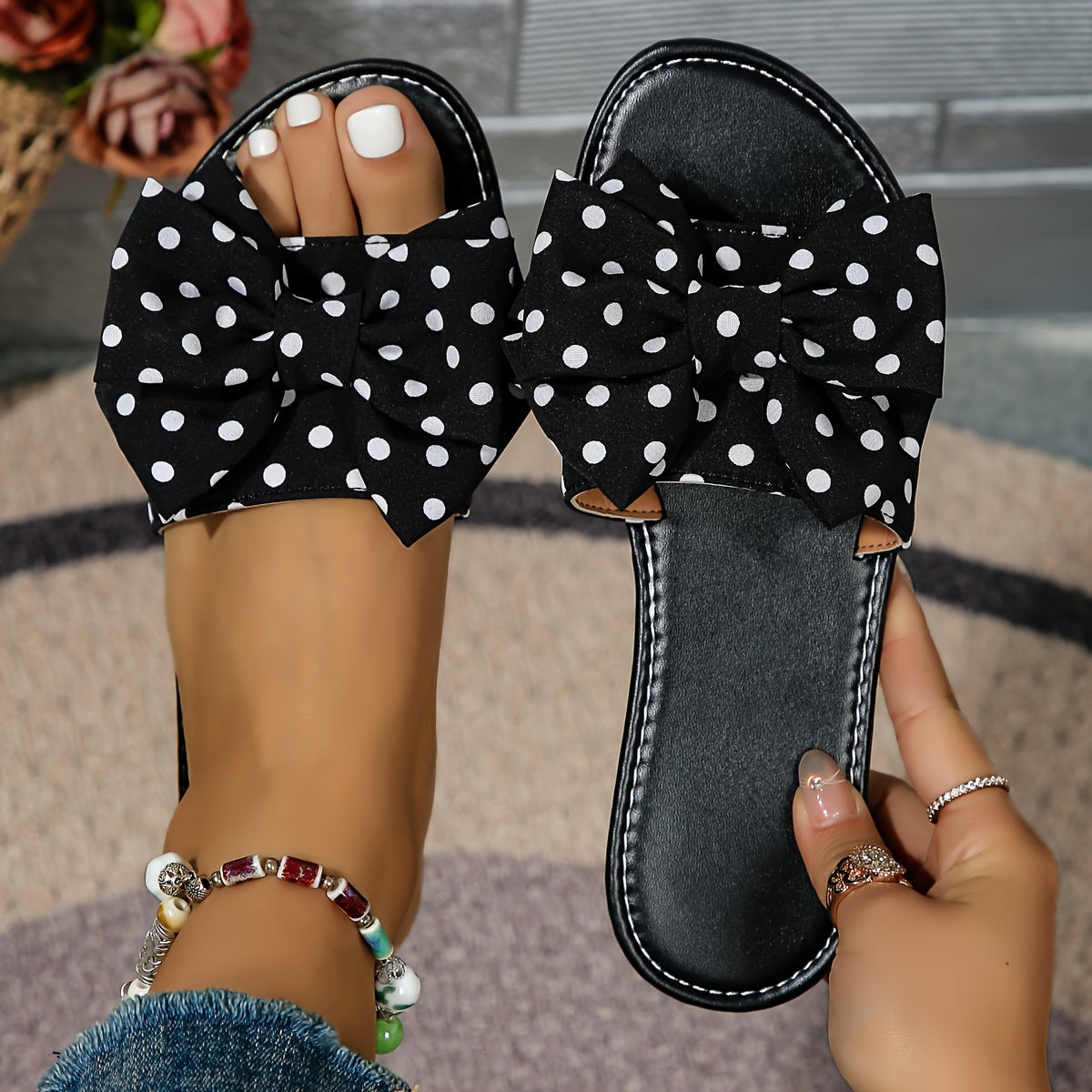 Women's Polka Dot Bow Flat Slides Soft Comfortable Dress and Home Footwear