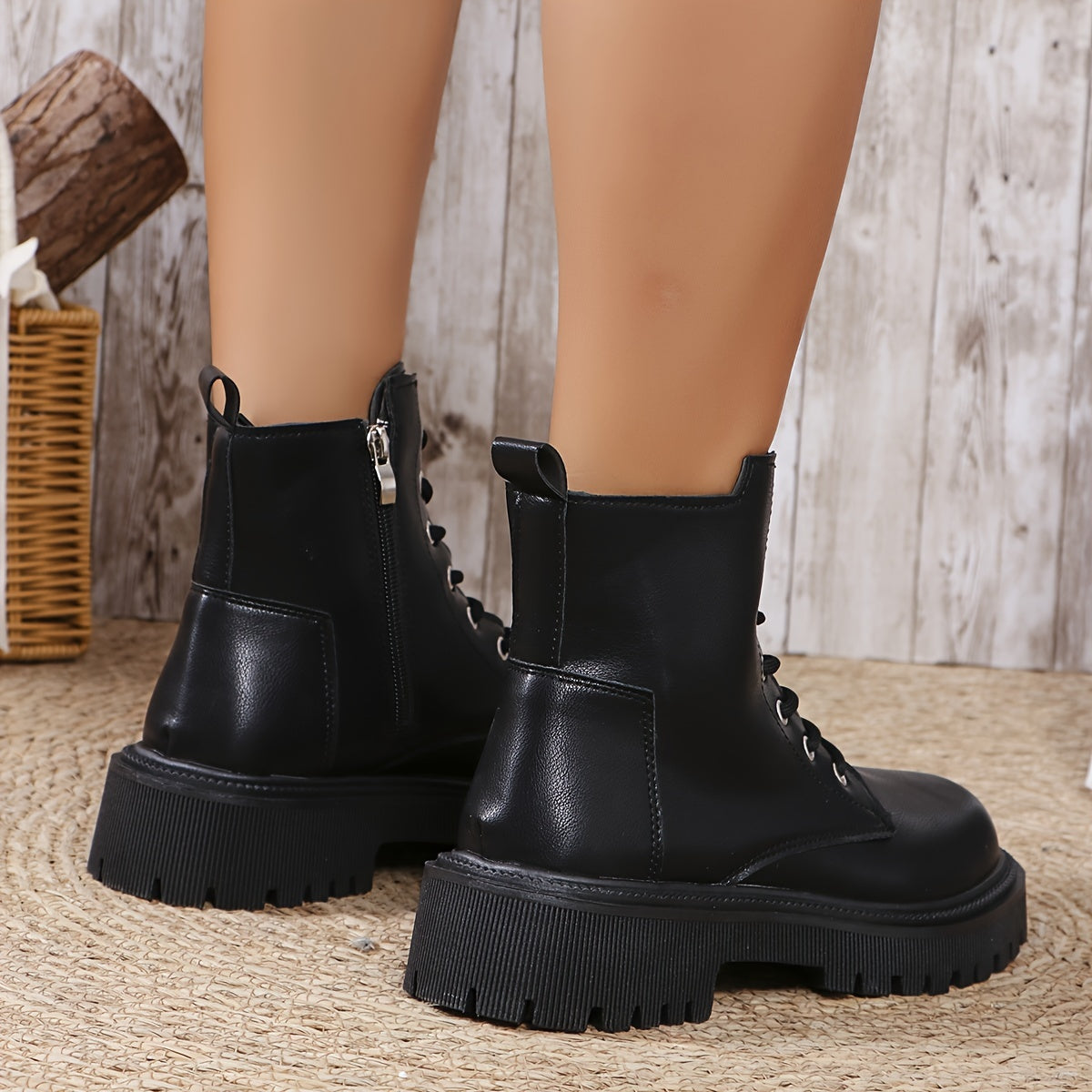 Women's Leather Motorcycle Boots with Side Zip and Thick Sole