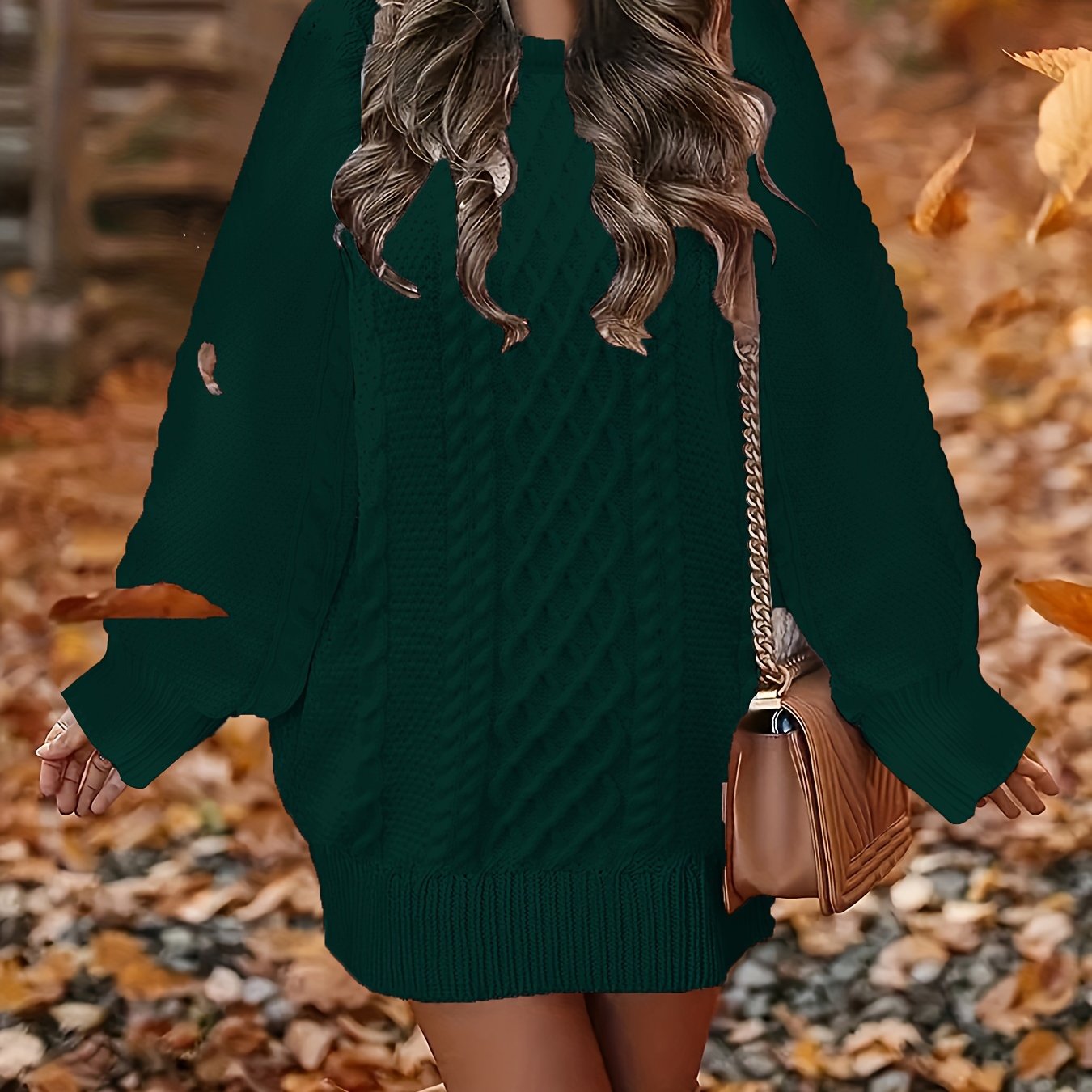 Women's Plus Size Cable Lantern Sleeve Sweater Dress Mini Fit