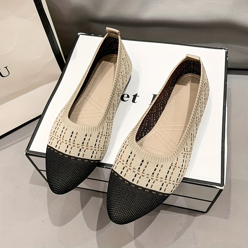 Women's Knit Slip-On Flats with Pointed Toe Black Beige Summer Shoes