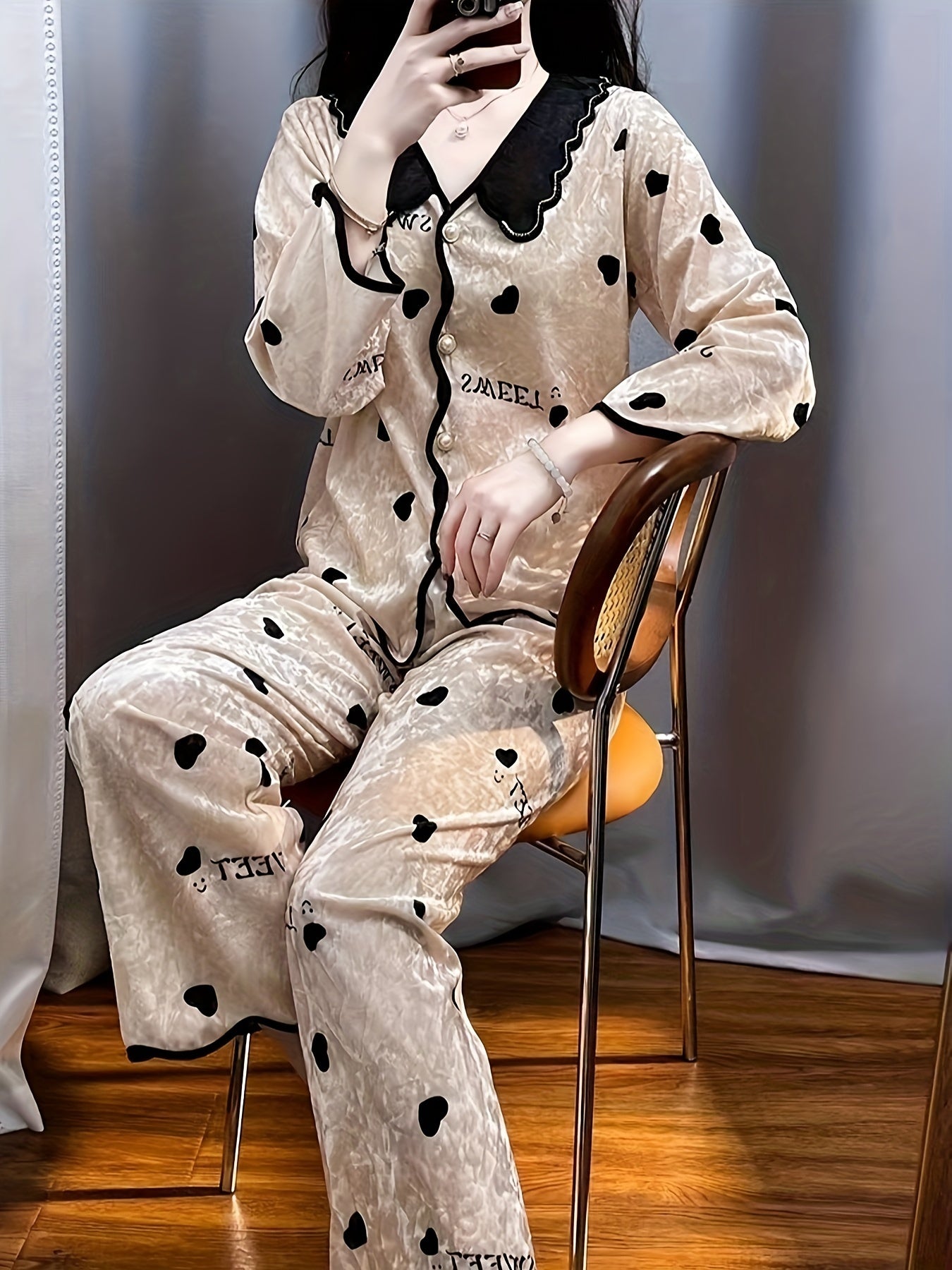 Women’s Gold Velour Pajama Set with Beaded Details for All Seasons