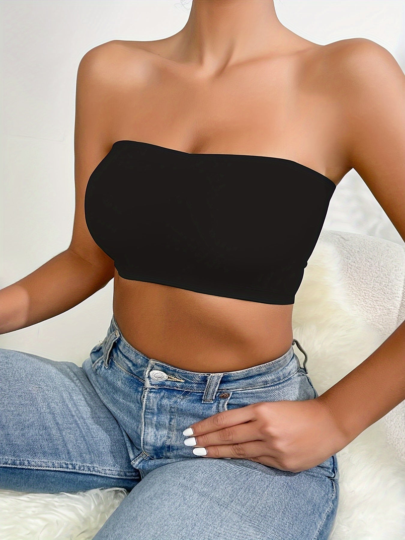 Wireless Women's Solid Anti-Slip Bandeau Top with Push-Up Bra for Casual Wear