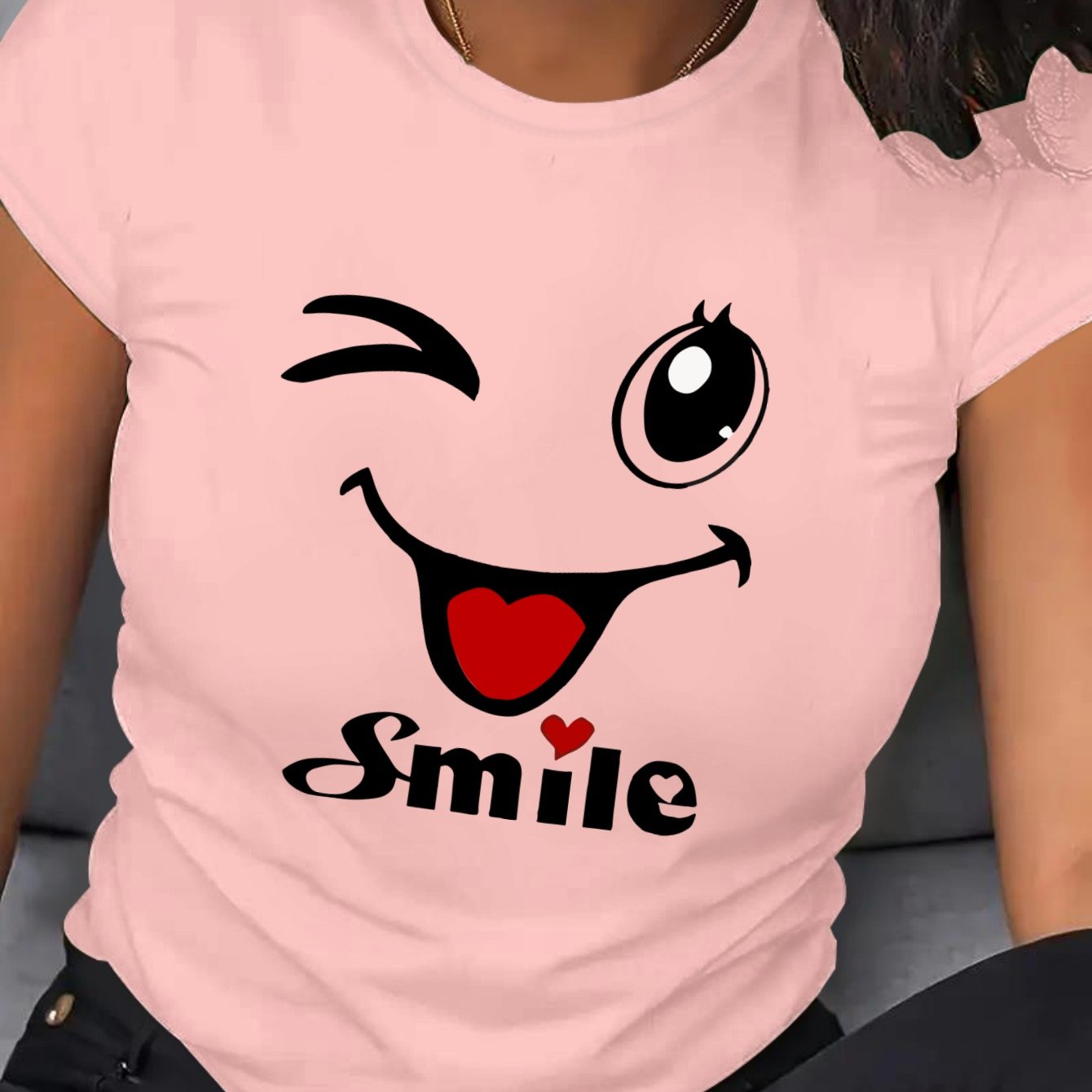 Plus Size Women's Cartoon Face T-Shirt Breathable Short Sleeve Crew Neck