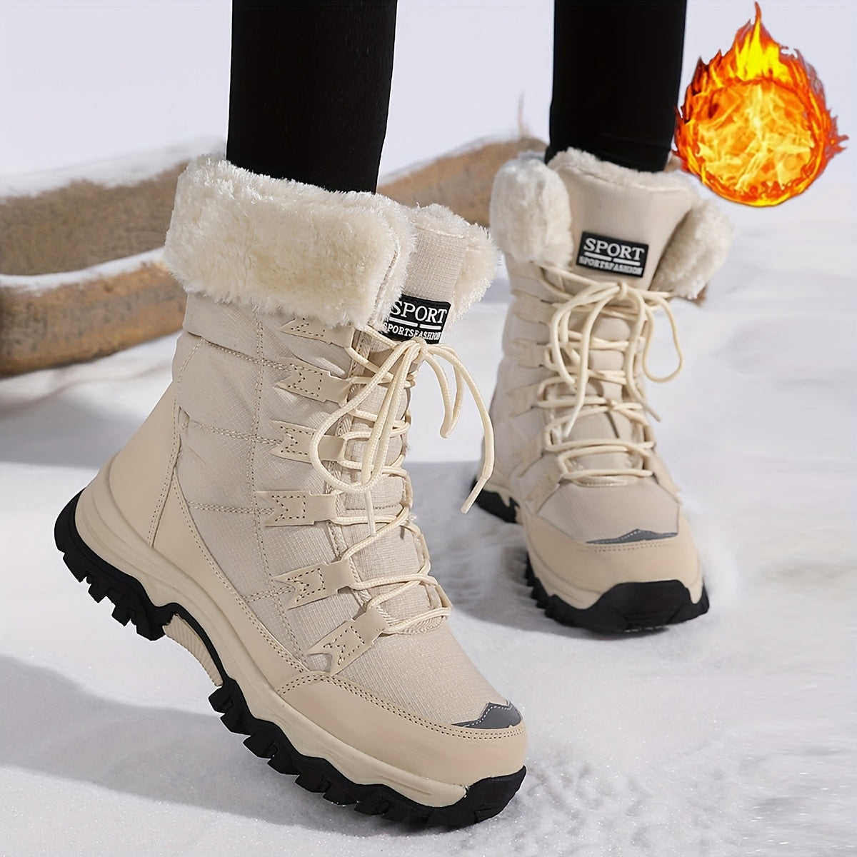 Women’s Fleece-Lined Mid-Calf Winter Boots Light Beige Outdoor Casual