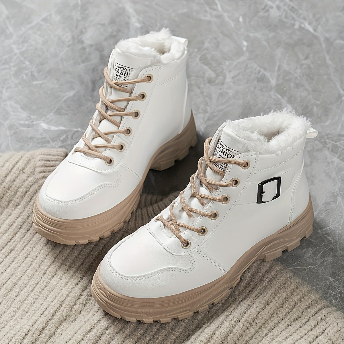 Women's Winter Ankle Boots with Plush Lining Black and Beige Two-Tone