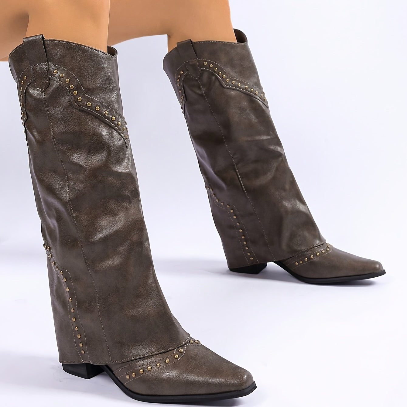 Women's Vintage Square Toe Mid-Heel Ankle Boots Brown Faux Leather Cowgirl Style