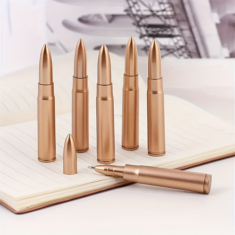 Set of 6 Golden Bullet Shaped Ballpoint Pens with Click-Off Cap Blue Ink Medium Point
