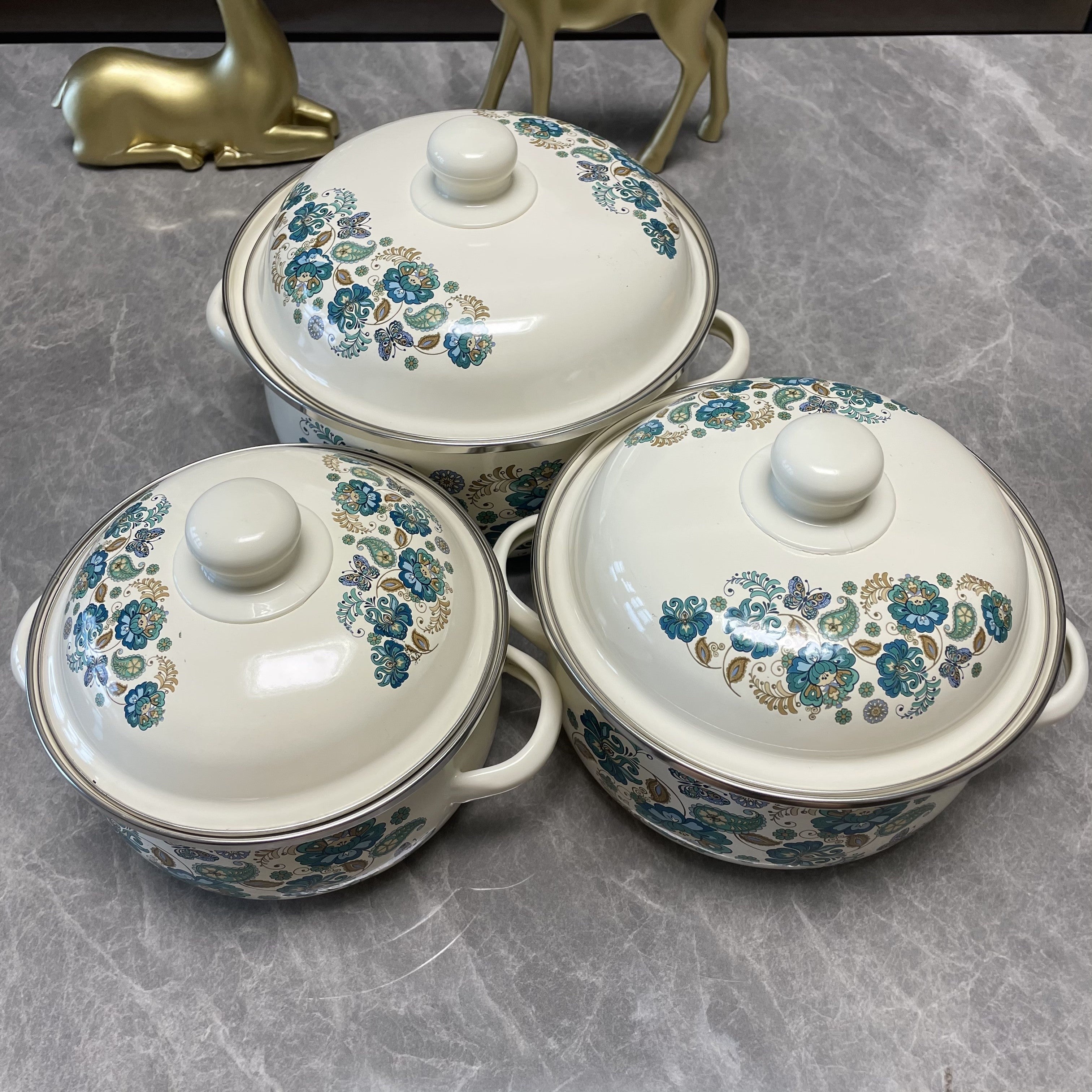 Enamel Cookware Set 3-Piece Floral Design Pots for Soup Stew Boiling