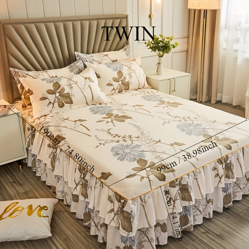 Set of 3 Tropical Floral Bedding Set with Lace Bed Skirt and Pillowcases Ruffled Edges Purple