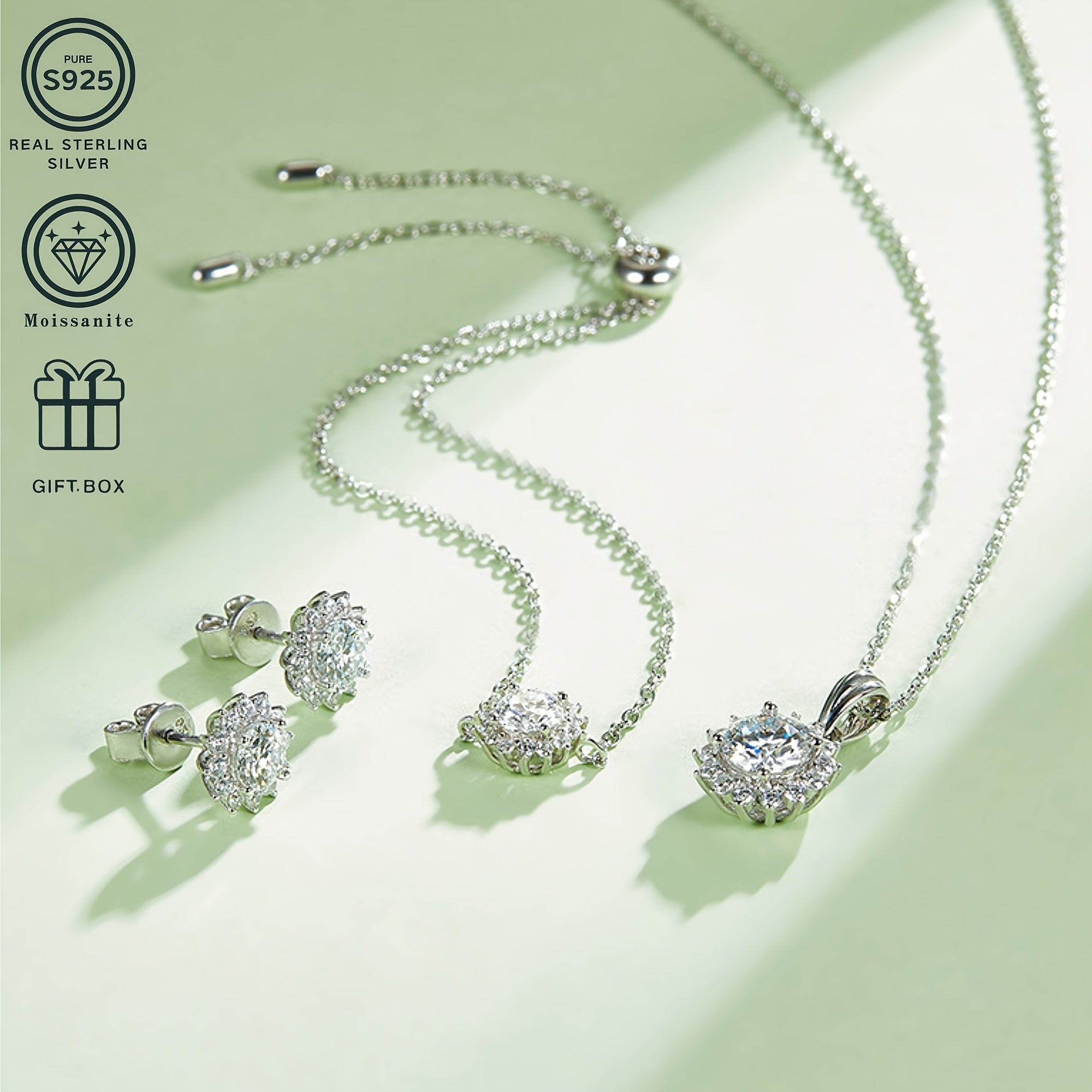 Set of 4 Moissanite Jewelry Pieces Sterling Silver Sunflower Necklace Earrings Bracelet Gift Box
