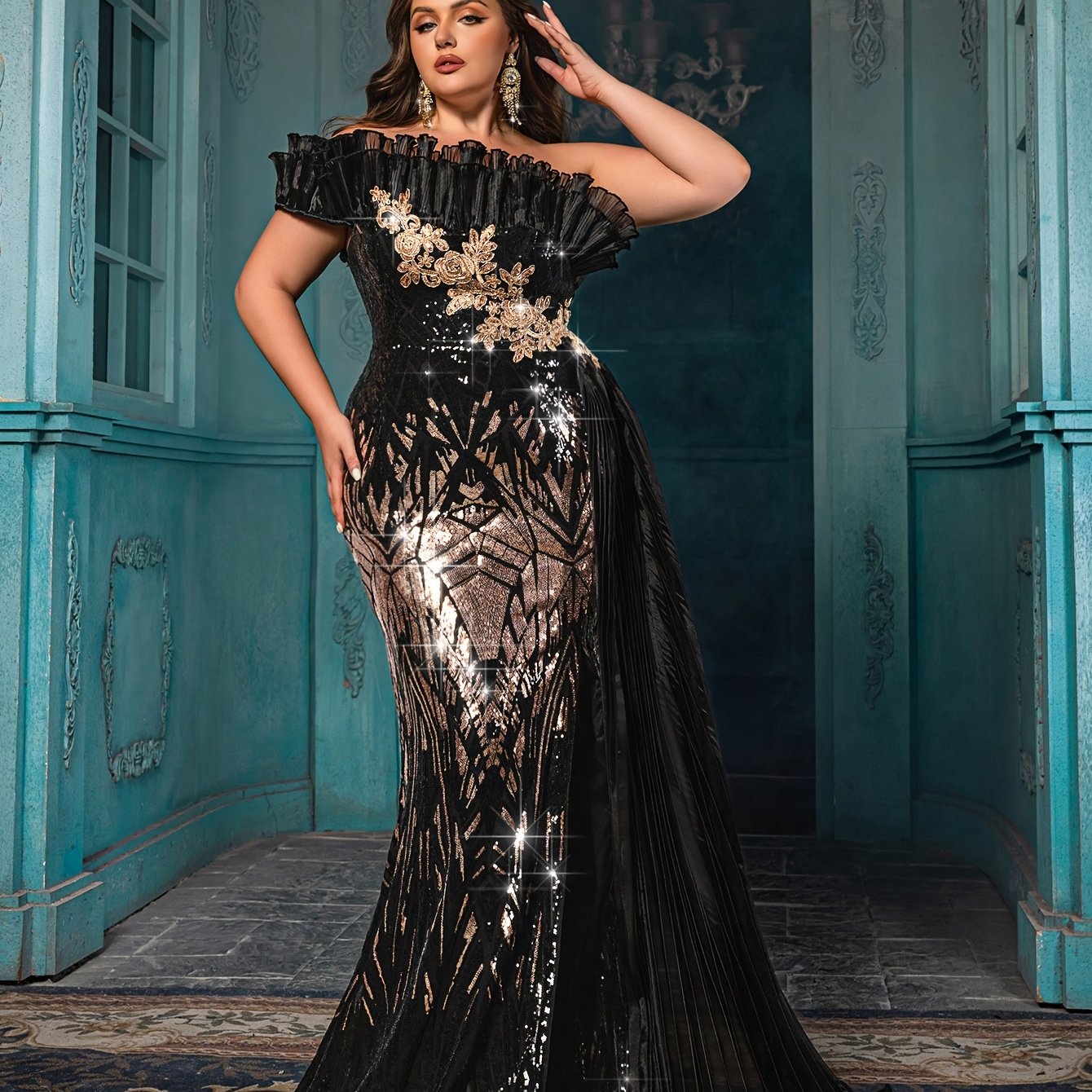 Plus Size Off-the-Shoulder Sequin Mermaid Evening Gown Black Floor-Length Dress