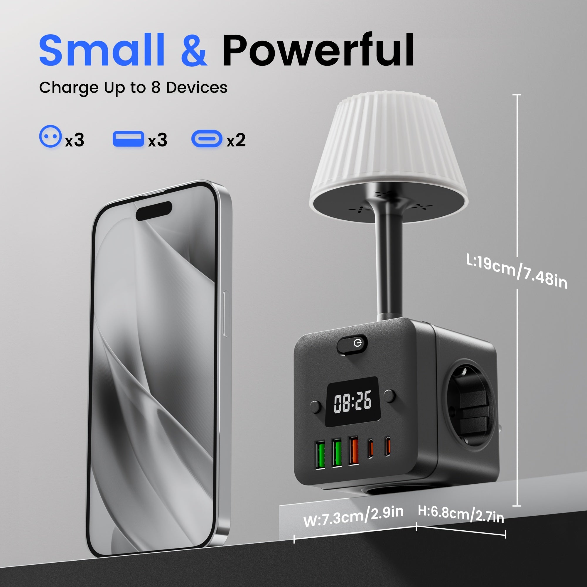 Multi-Functional Desk Lamp with Clock Surge Protector USB Outlets Adjustable Brightness Black or White