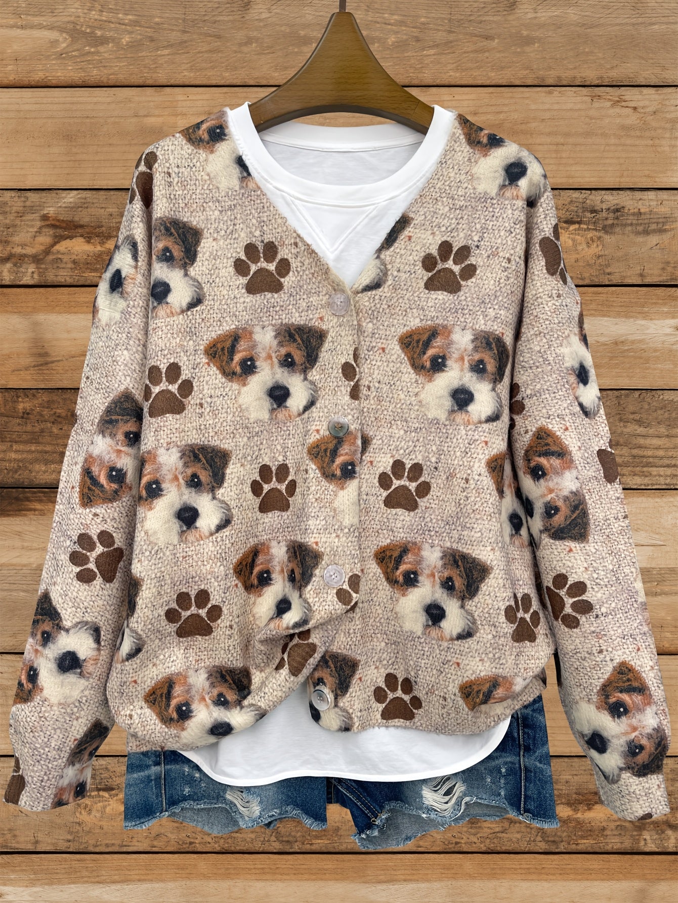 Plus Size Women's V-Neck Cardigan Long Sleeve Dog Print Sweater All-Season