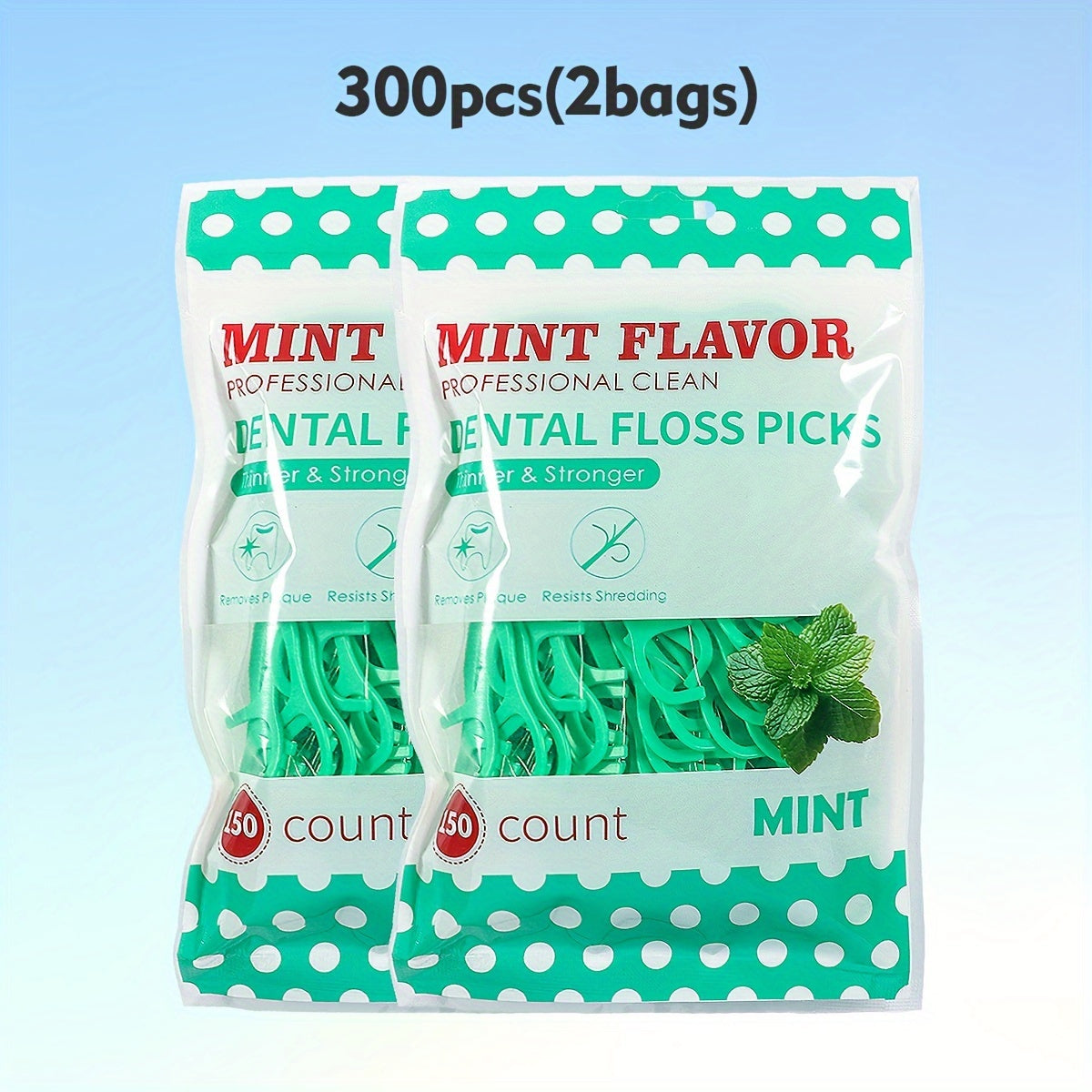 Fresh Mint Dental Floss Picks 300 Pack Deep Clean Portable Alcohol-Free Travel Oral Hygiene