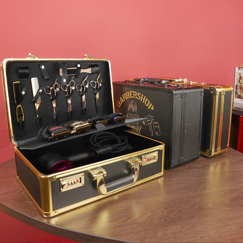 Qassoblar uchun mo'ljallangan qattiq saqlash qutisi, qaychi, taroq, moy va aksessuarlar bilan