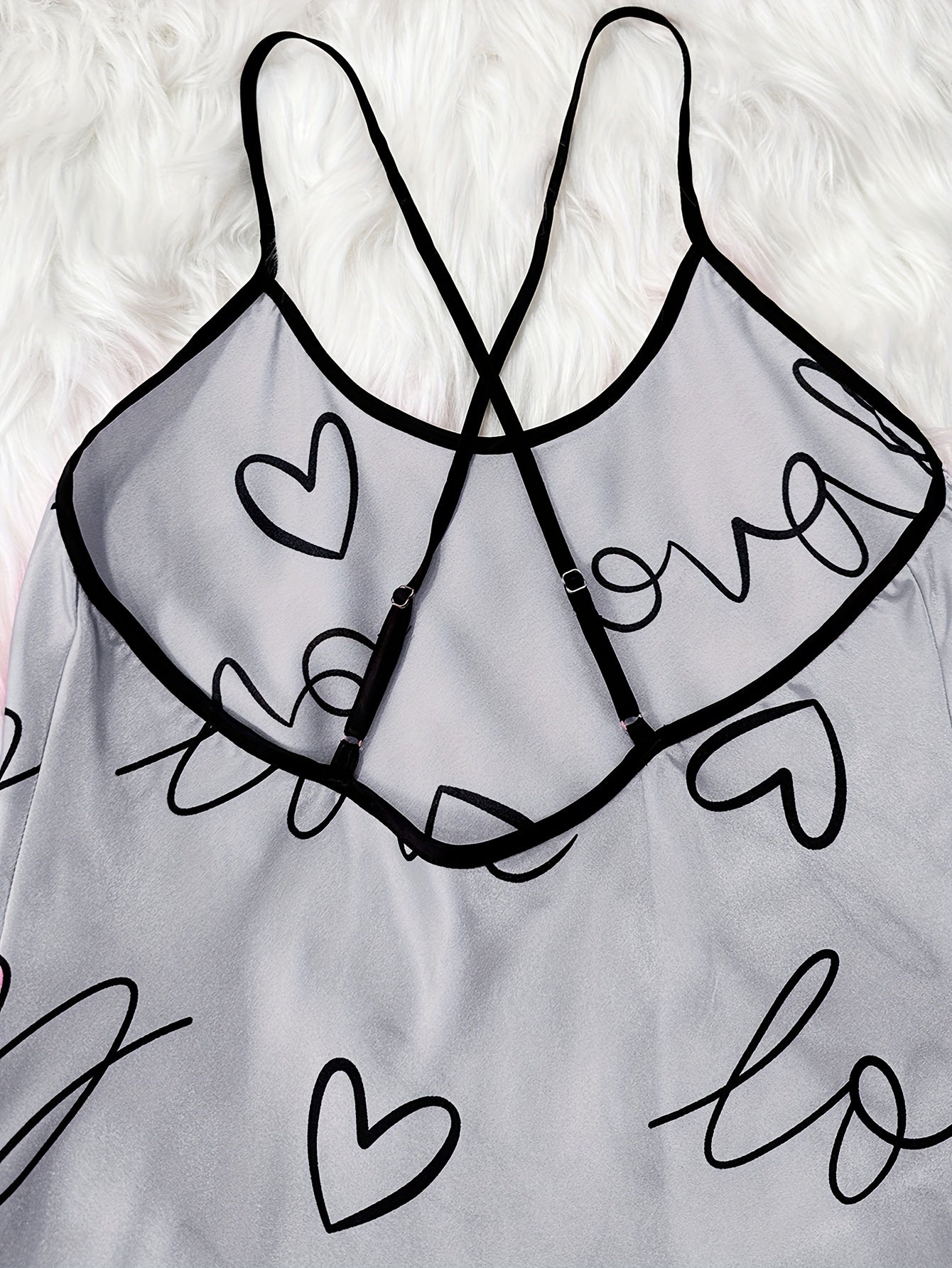 Satin Nightdress for Women Heart Letter Print Backless Crew Neck Casual Sleepwear