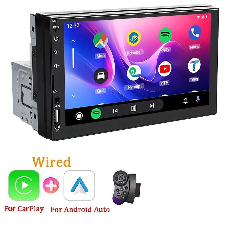 HIPPCRON Yagona DIN Avtomobil MP5 Multimedia O'yinchisi 17.78 sm HD sensorli ekran, simli CarPlay va AndroidAuto qo'llab-quvvatlash, pastki qismida Radio Box, MirrorLink va navigatsiya uchun simsiz ulanish bilan.