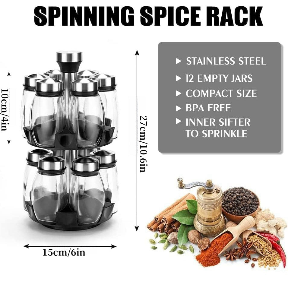Rotating 12-Jar Spice Rack Organizer with Glass Jars for Kitchen Countertop